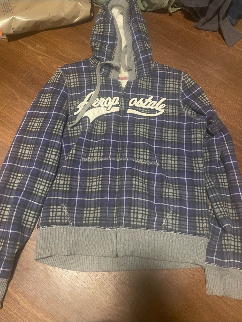 Aeropostale Men's Navy and Gray Plaid Zip-Up Hoodie Sweater